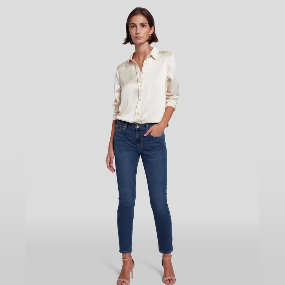 7 For All Mankind Mid Wash Low Rise Skinny Jeans with Raw Hem 26